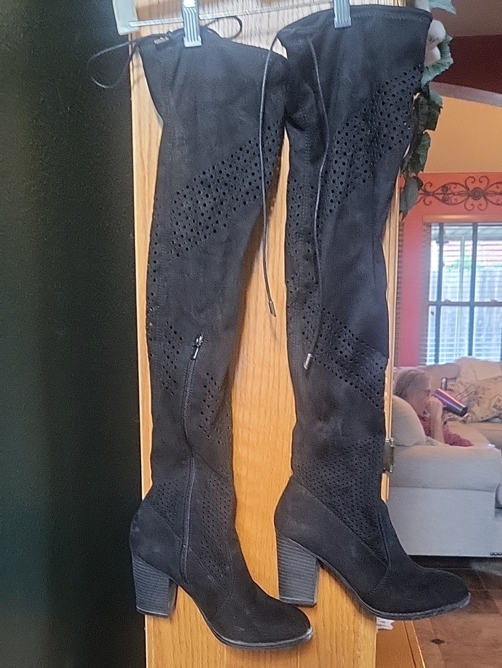 VENUS Black Suede-Look Over-the-Knee Lace-Back Boots